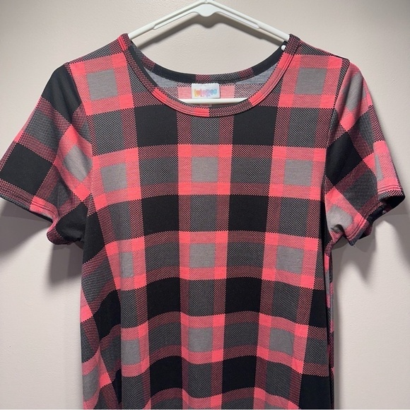 LulaRoe Carly Swing Dress Patch Pocket High Low Hemline Plaid Pink Grey Checked - Picture 7 of 11